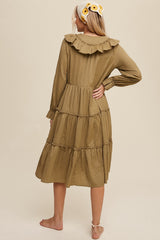 Olive Ruffle Detail Tiered Long Sleeve Midi Dress