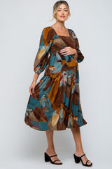 Teal Leaf Print Square Neck Maternity Midi Dress