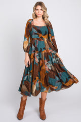 Teal Leaf Print Square Neck Midi Dress