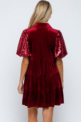 Burgundy Velvet Tiered Sequin Short Sleeve Maternity Dress