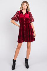 Burgundy Velvet Tiered Sequin Short Sleeve Maternity Dress