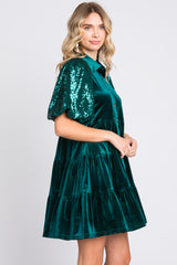 Forest Green Velvet Tiered Sequin Short Sleeve Dress