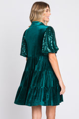 Forest Green Velvet Tiered Sequin Short Sleeve Dress