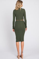 Olive Mock Neck Top Skirt Set