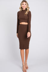 Brown Mock Neck Top Skirt Maternity Set