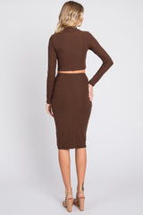 Brown Mock Neck Top Skirt Set