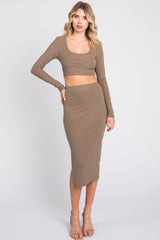 Mocha Ribbed Maternity Crop Top Midi Skirt Set