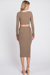 Mocha Ribbed Crop Top Midi Skirt Set