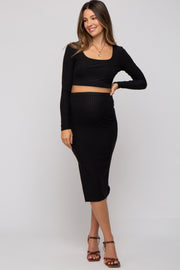 Black Ribbed Maternity Crop Top Midi Skirt Set