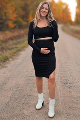 Black Ribbed Maternity Crop Top Midi Skirt Set