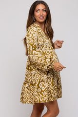 Olive Print Collared Puff Sleeve Maternity Dress