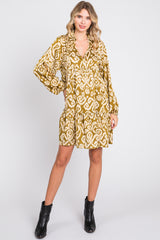 Olive Print Collared Puff Sleeve Dress