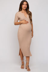 Beige Ribbed Knit Maternity Midi Dress