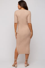 Beige Ribbed Knit Maternity Midi Dress