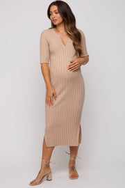 Beige Ribbed Knit Maternity Midi Dress