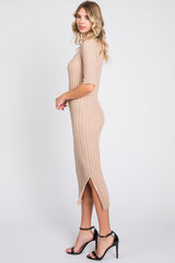 Beige Ribbed Knit Midi Dress