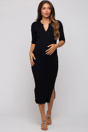 Black Ribbed Knit Maternity Midi Dress