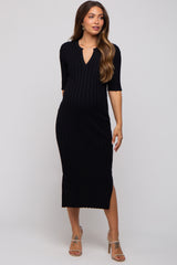 Black Ribbed Knit Maternity Midi Dress