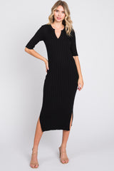 Black Ribbed Knit Midi Dress