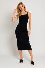 Black Rib Knit Back Slit Maternity Dress