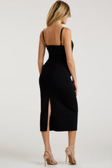 Black Rib Knit Back Slit Maternity Midi Dress