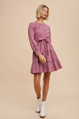 Dark Mauve Lace Inlay Long Sleeve Mini Dress