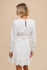 Off White Lace Inlay Long Sleeve Mini Dress