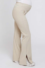 Beige V-Waist Ribbed Bootcut Maternity Leggings