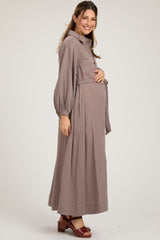 Mocha Gauze Belted Shirt Maternity Midi Dress