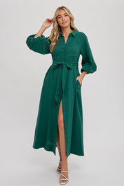 Forest Green Gauze Belted Shirt Midi Dress