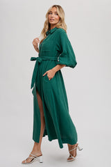 Forest Green Gauze Belted Shirt Midi Dress