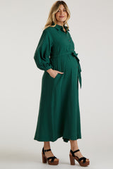 Forest Green Gauze Belted Shirt Maternity Midi Dress