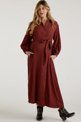 Rust Gauze Belted Shirt Maternity Midi Dress