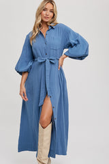 Blue Gauze Belted Shirt Maternity Midi Dress