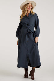 Charcoal Gauze Belted Shirt Maternity Midi Dress