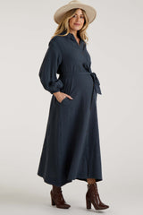 Charcoal Gauze Belted Shirt Maternity Midi Dress