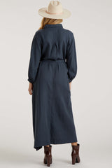 Charcoal Gauze Belted Shirt Maternity Midi Dress