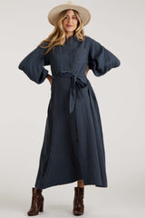 Charcoal Gauze Belted Shirt Maternity Midi Dress