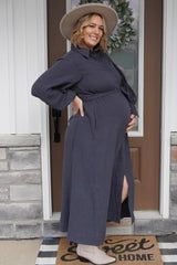 Charcoal Gauze Belted Shirt Maternity Midi Dress