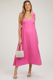 Pink Ruffle Strap Maternity Midi Dress