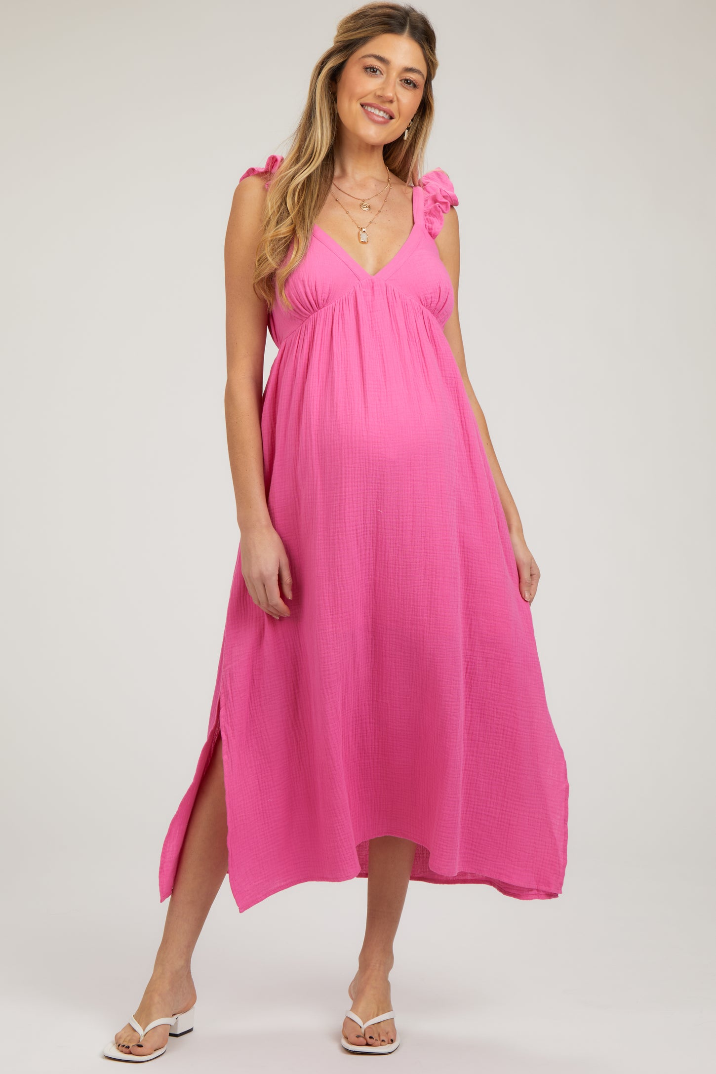 Pink Textured Off Shoulder Sleeveless Ruffle Midi Dress for Mom and Me