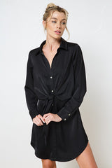 Black Satin Front Tie Shirt Dress