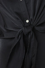 Black Satin Front Tie Shirt Dress