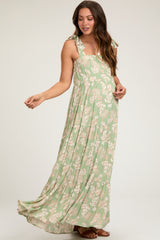 Light Olive Leaf Printed Square Neckline Tie Strap Tiered Maternity Maxi Dress