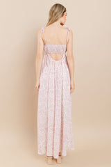 Pink Leaf Print Shoulder Strap Maxi Dress