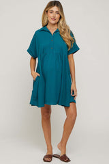 Teal Collared Button Front Short Sleeve Maternity Dress