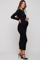 Black Ribbed Fitted Long Sleeve Maternity Midi Dress