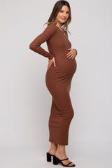 Brown Ribbed Fitted Long Sleeve Maternity Midi Dress