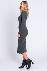 Charcoal Ribbed Mock Neck Button Side Slit Midi Dress