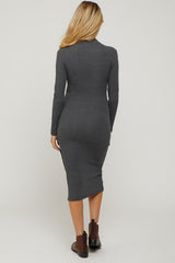 Charcoal Ribbed Mock Neck Button Side Slit Maternity Midi Dress